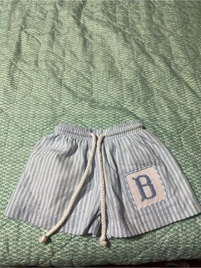Seersucker Blue baby boys smocked Drawstring Shorts “B” initial